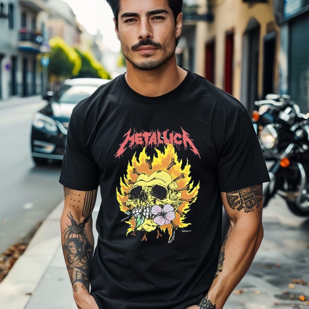 Mens Metallica Flower Skull T Shirt 1 3