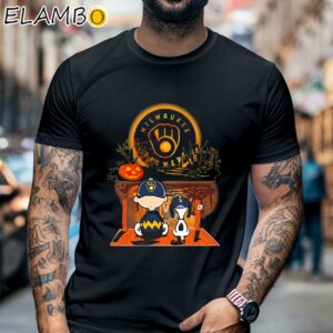 Milwaukee Brewers Peanuts Snoopy and Charlie Browns Watching Halloween Shirt Black Shirt 6