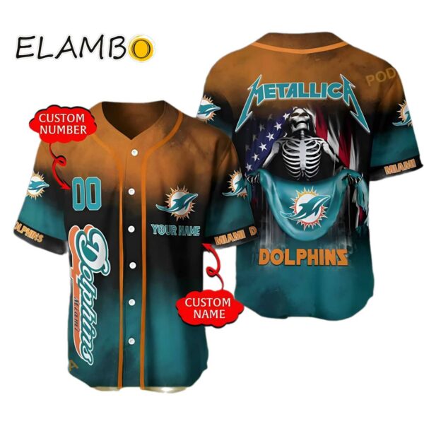 Miami Dolphins Custom Name Number Metallica Baseball Jersey Printed Thumb