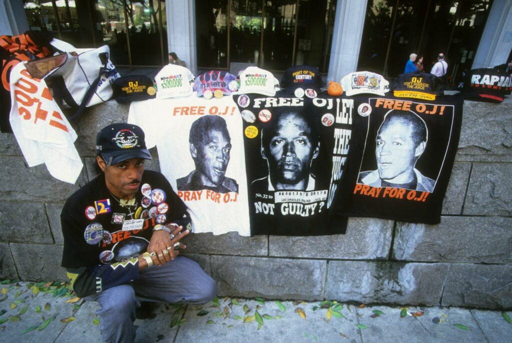 O.J. Simpson shirt and support mechandising outside the courthouse, during his trial in Los Angeles.