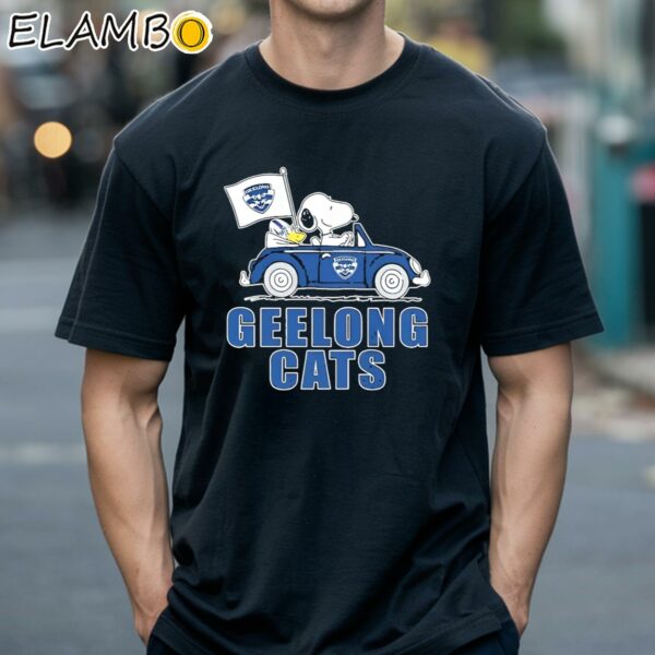 Funny Peanuts Snoopy And Woodstock On Car Geelong Cats Shirt Black Shirts 18
