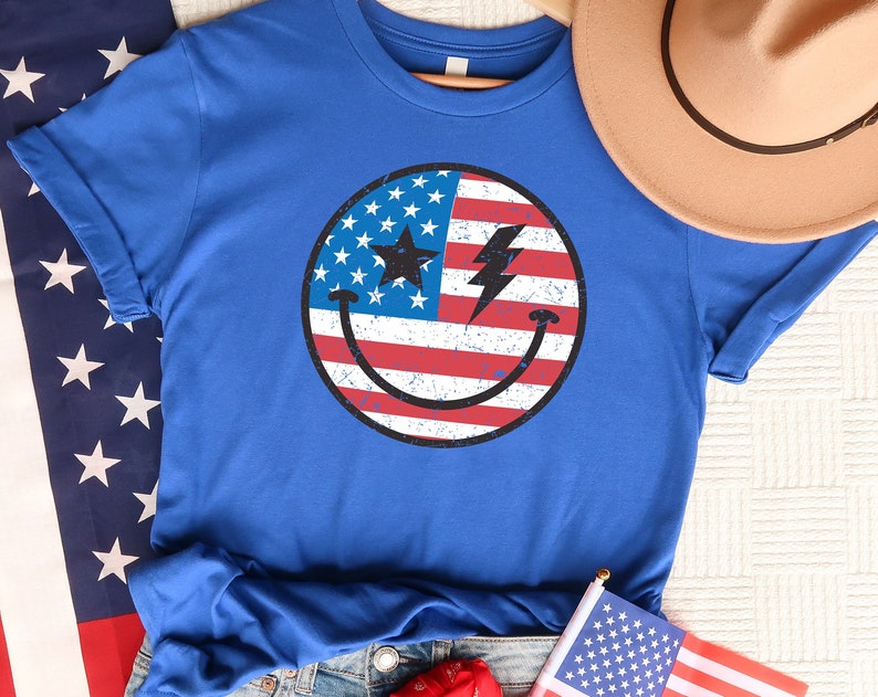 Happy Face USA Flag Unisex T Shirt Cotton Tee TSE209.jpg